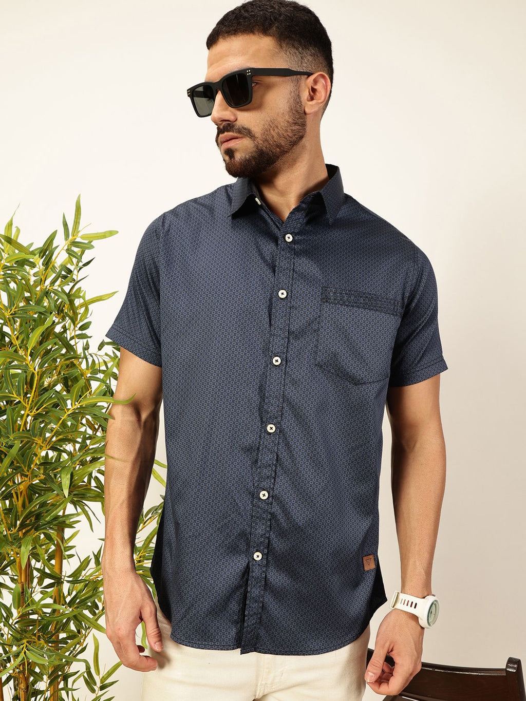 Men Navy Blue Regular Fit Cotton Shirt