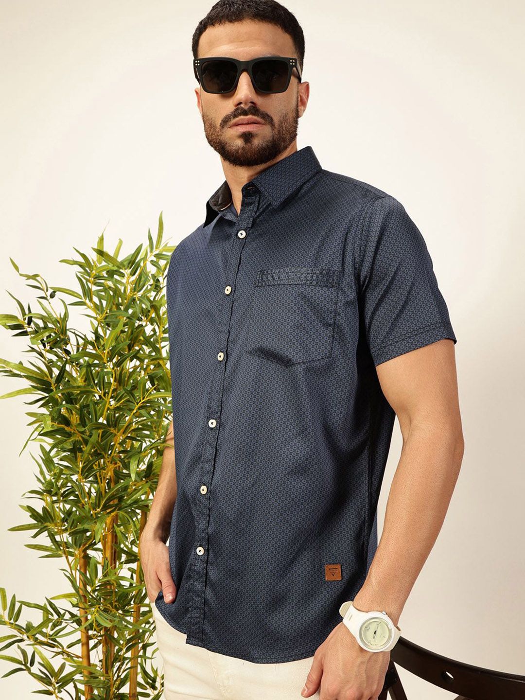 Men Navy Blue Regular Fit Cotton Shirt
