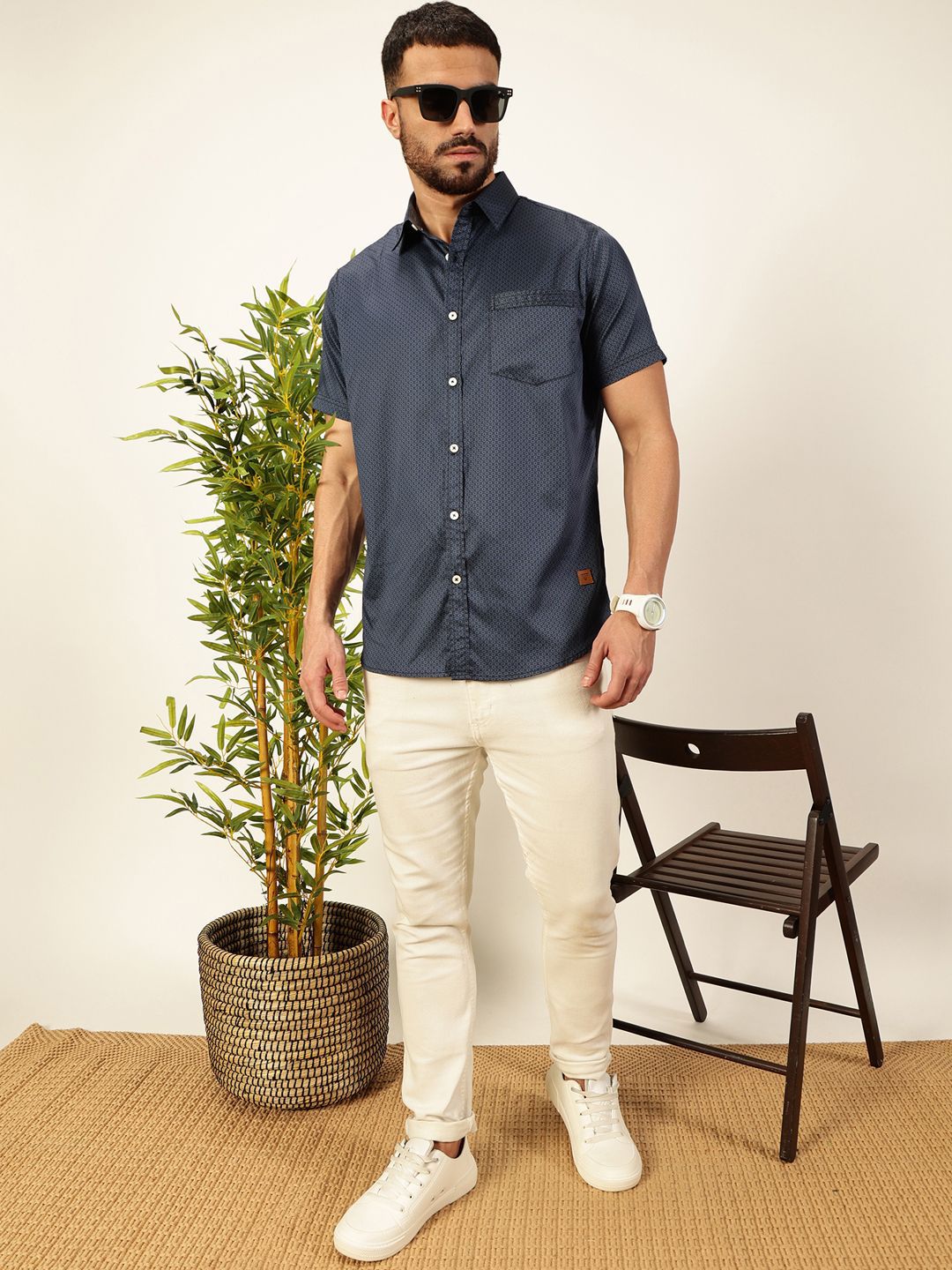 Men Navy Blue Regular Fit Cotton Shirt