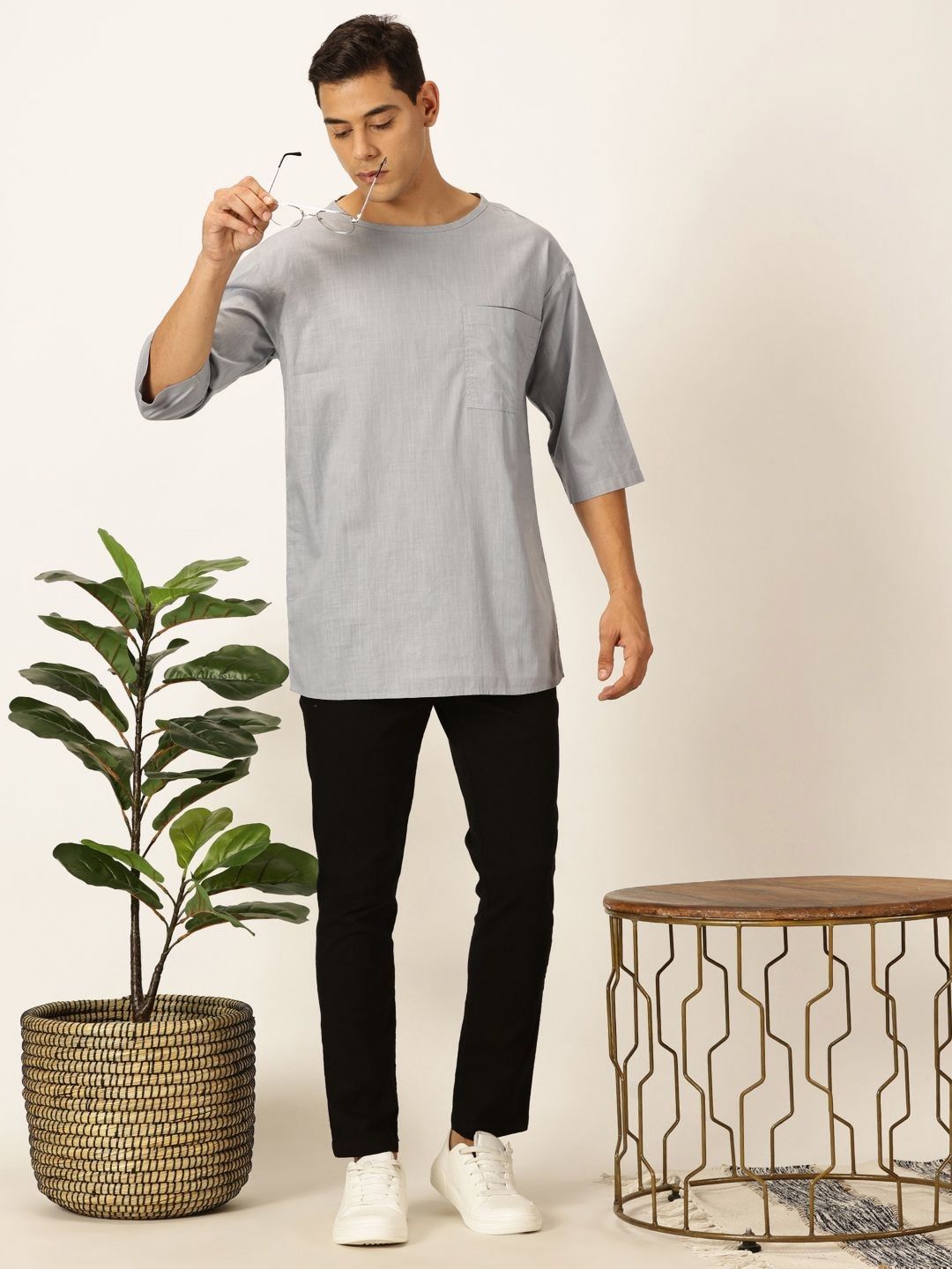 Light Grey Solid Pure Cotton Boxy T-shirt For Men