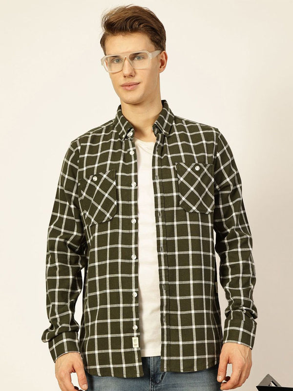 Olive Premium Slim Fit Gingham Checks Opaque Checked Casual Shirt For Men