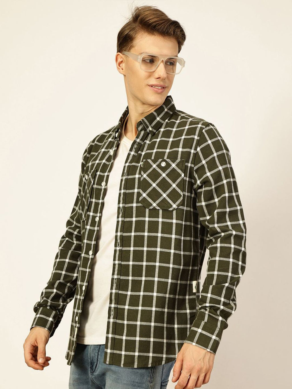Olive Premium Slim Fit Gingham Checks Opaque Checked Casual Shirt For Men