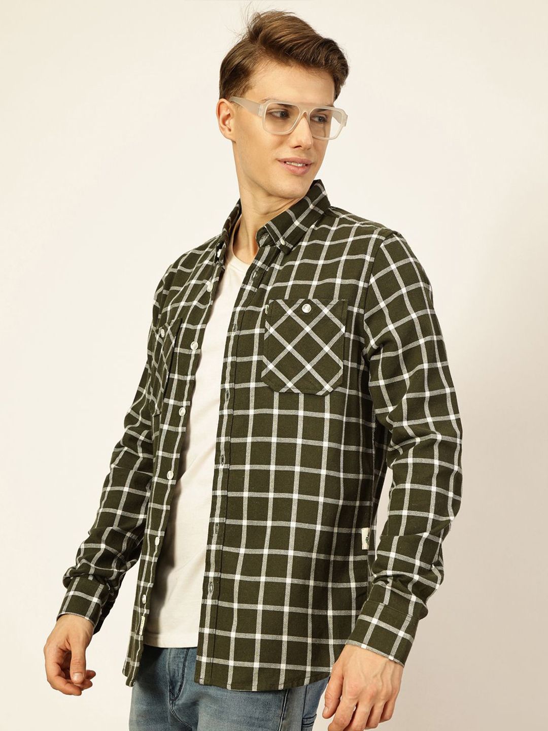 Olive Premium Slim Fit Gingham Checks Opaque Checked Casual Shirt For Men