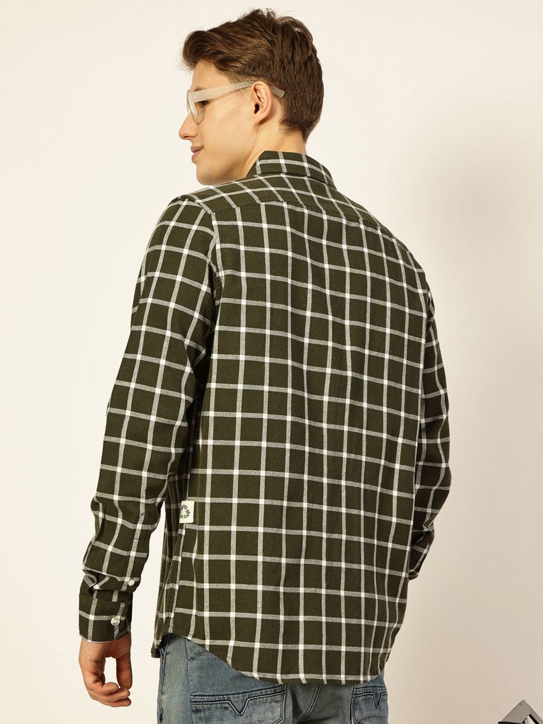 Olive Premium Slim Fit Gingham Checks Opaque Checked Casual Shirt For Men