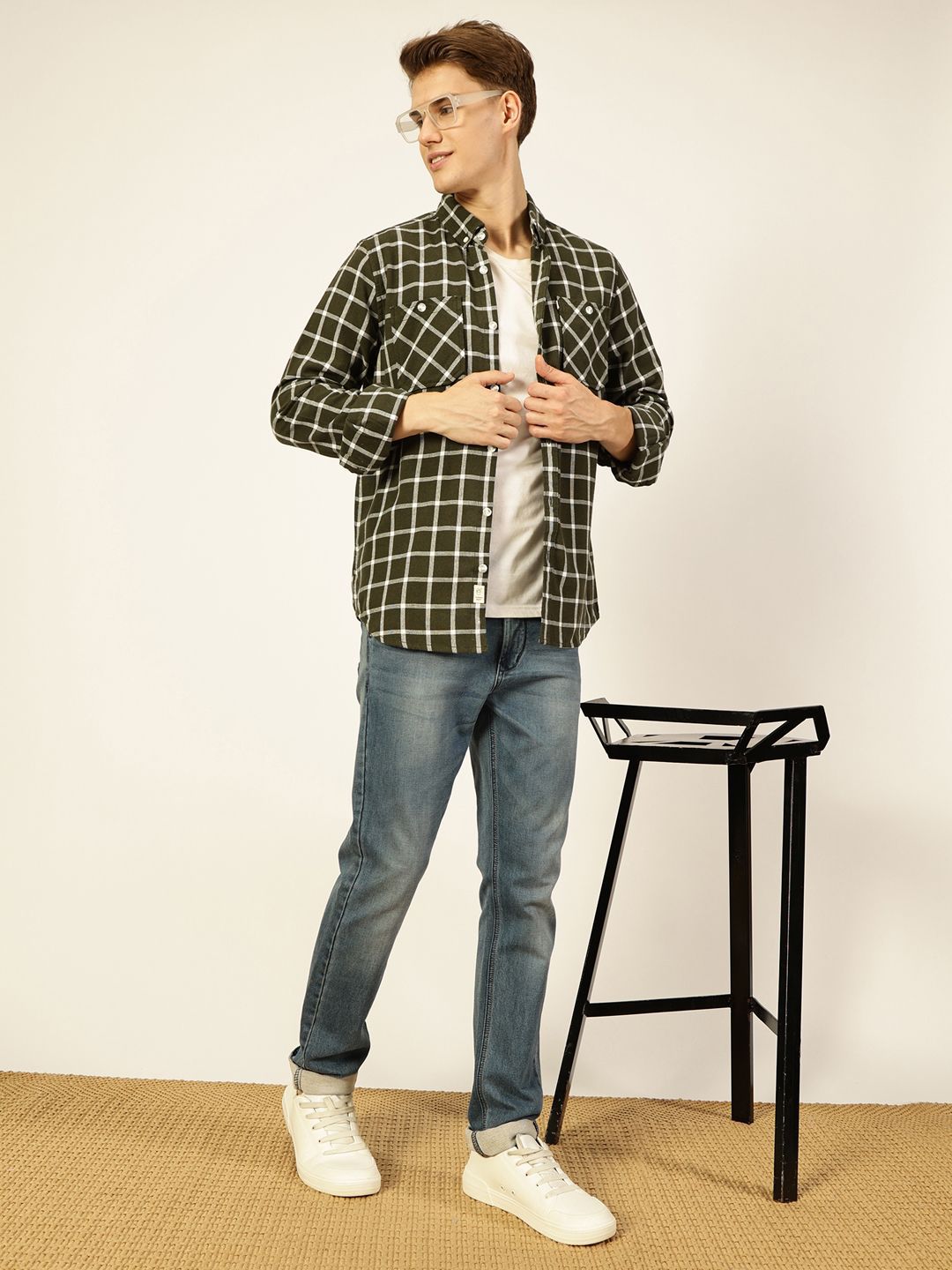 Olive Premium Slim Fit Gingham Checks Opaque Checked Casual Shirt For Men