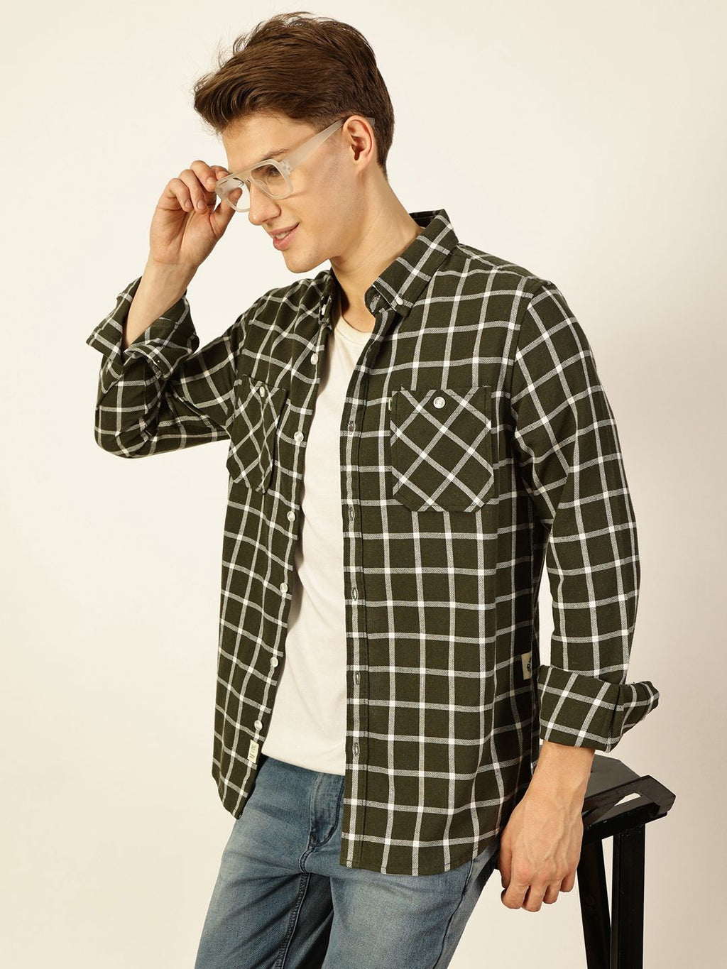 Olive Premium Slim Fit Gingham Checks Opaque Checked Casual Shirt For Men