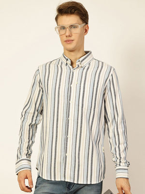 Thomas Scott Men Light Blue Premium Long Sleeves Slim Fit Button-Down Collar Vertical Stripes Casual Shirt