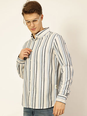 Thomas Scott Men Light Blue Premium Long Sleeves Slim Fit Button-Down Collar Vertical Stripes Casual Shirt