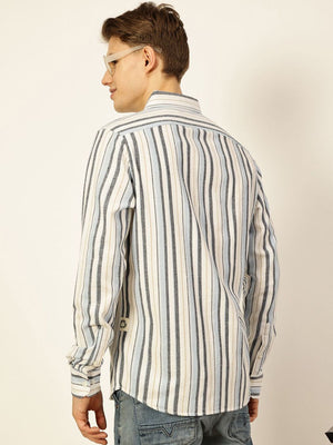 Thomas Scott Men Light Blue Premium Long Sleeves Slim Fit Button-Down Collar Vertical Stripes Casual Shirt