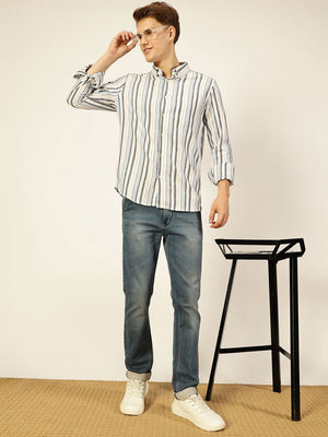 Thomas Scott Men Light Blue Premium Long Sleeves Slim Fit Button-Down Collar Vertical Stripes Casual Shirt