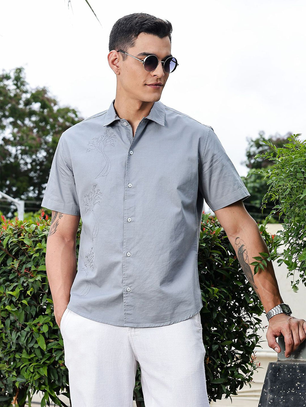Light Grey Regular Fit Short Sleeves Spread Collar Embroidered Shirt For Men
