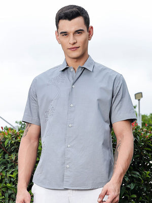 Light Grey Regular Fit Short Sleeves Spread Collar Embroidered Shirt For Men