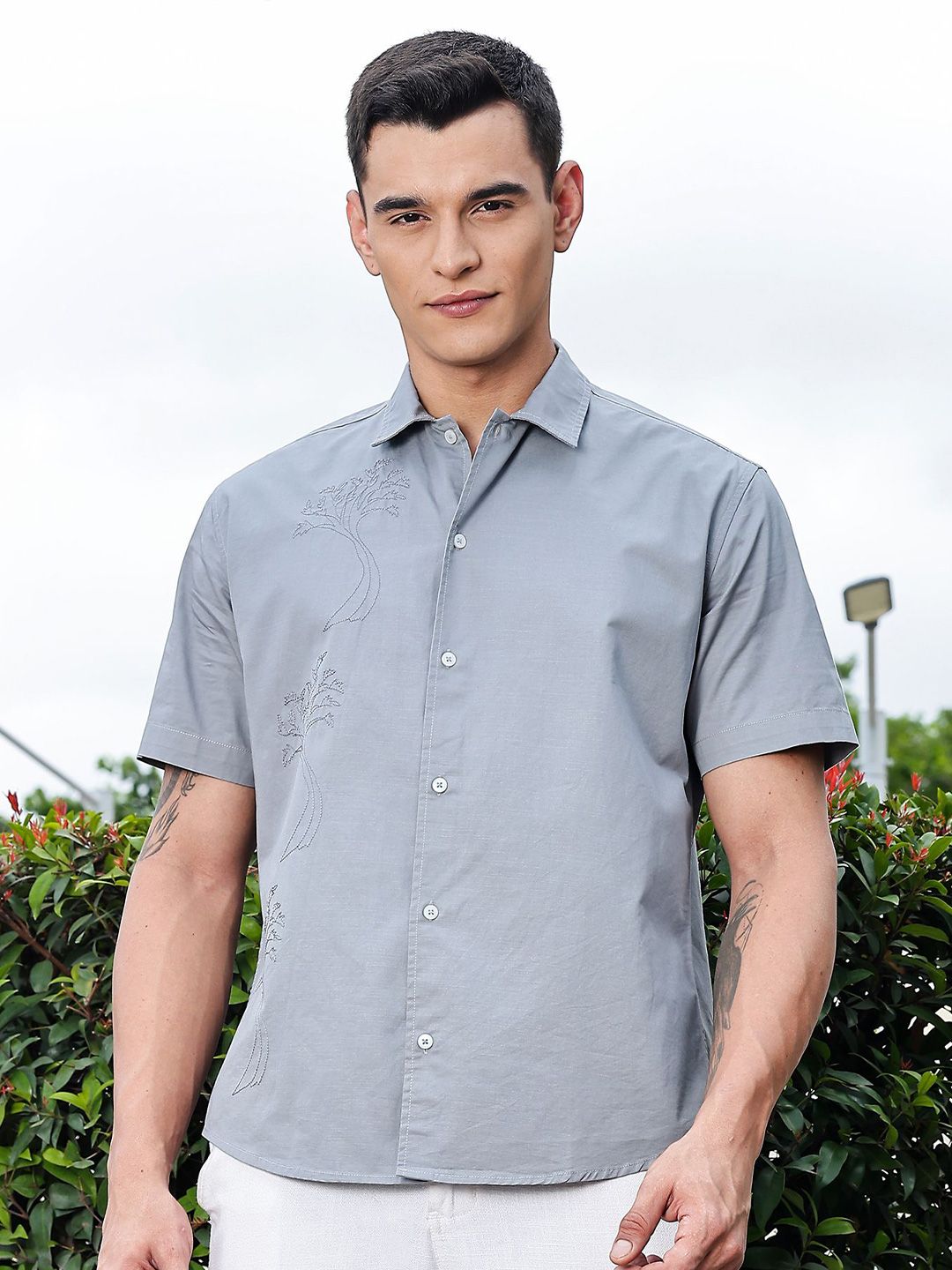 Light Grey Regular Fit Short Sleeves Spread Collar Embroidered Shirt For Men