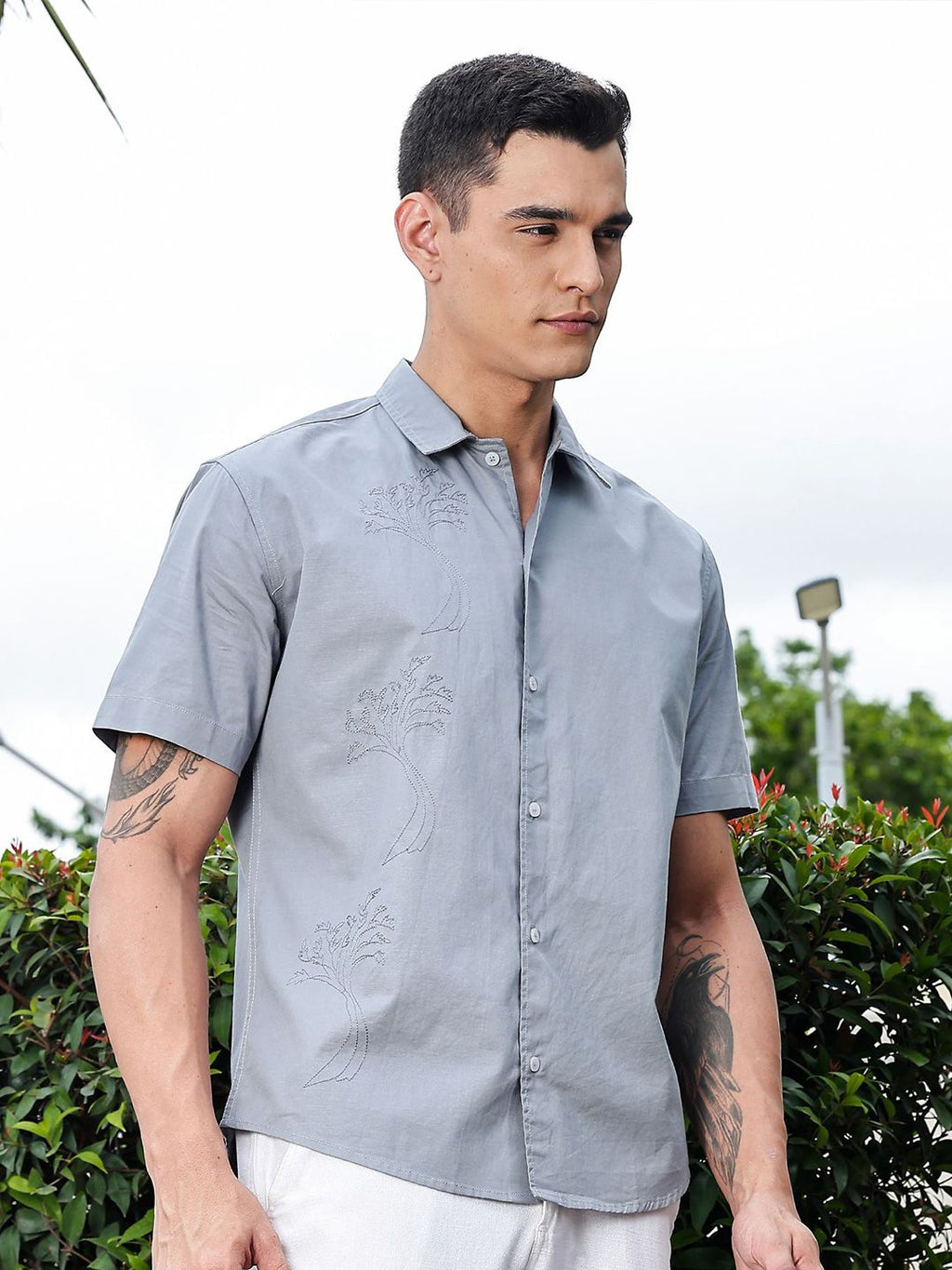 Light Grey Regular Fit Short Sleeves Spread Collar Embroidered Shirt For Men