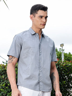 Light Grey Regular Fit Short Sleeves Spread Collar Embroidered Shirt For Men