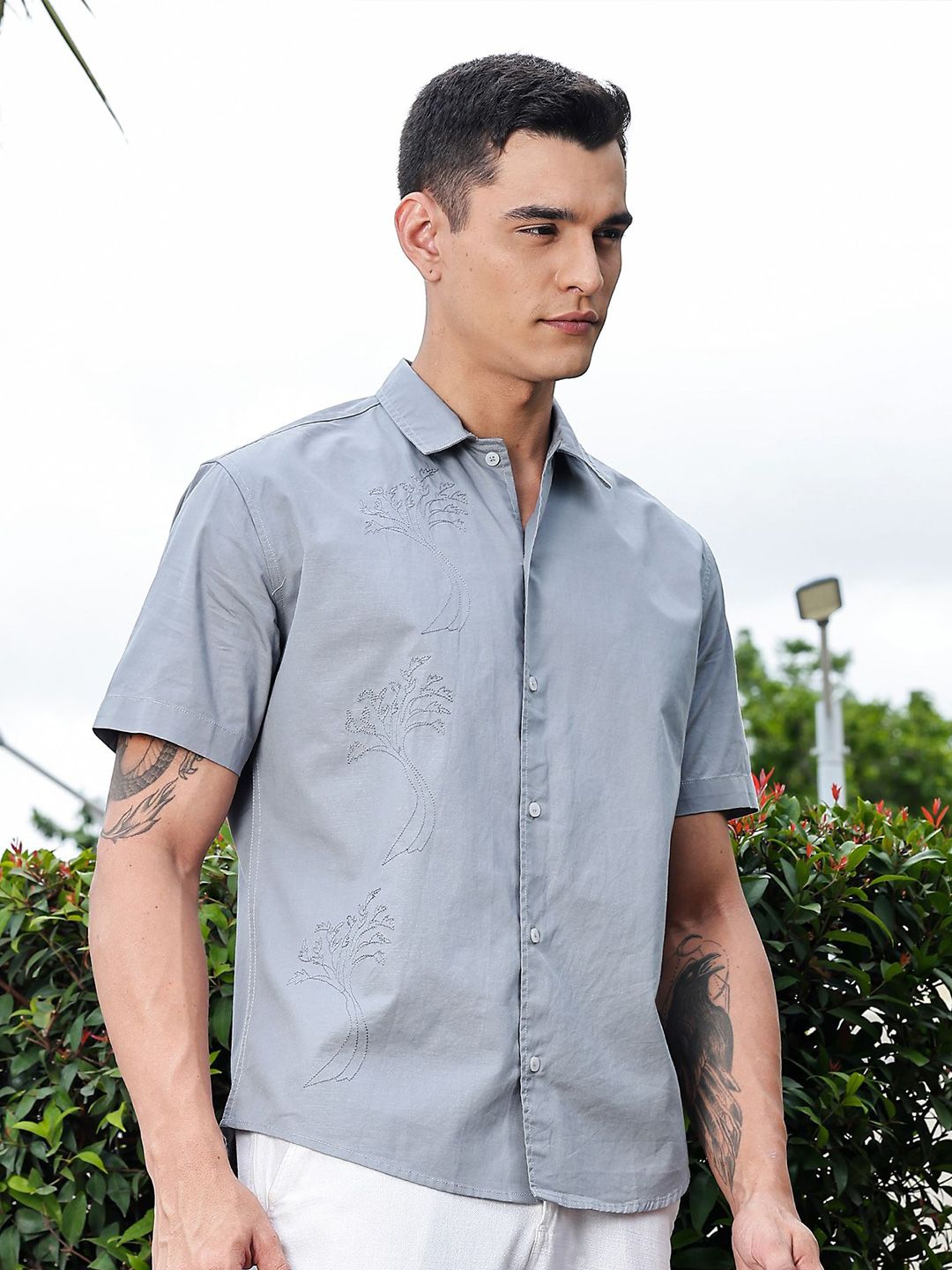 Light Grey Regular Fit Short Sleeves Spread Collar Embroidered Shirt For Men