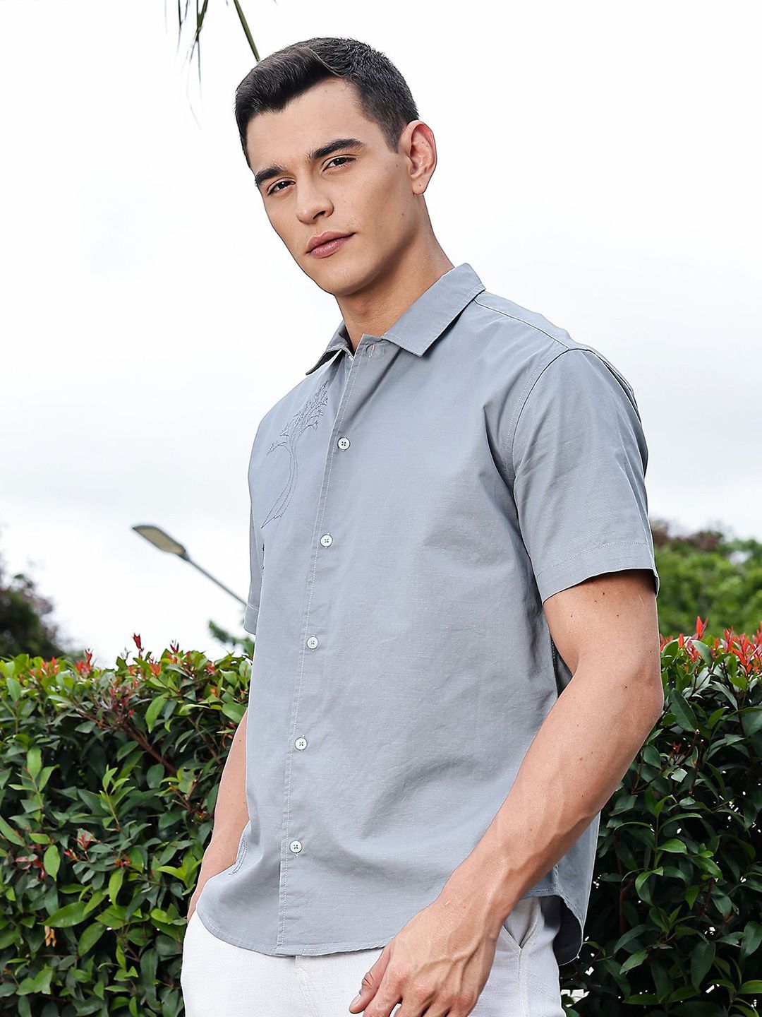 Light Grey Regular Fit Short Sleeves Spread Collar Embroidered Shirt For Men
