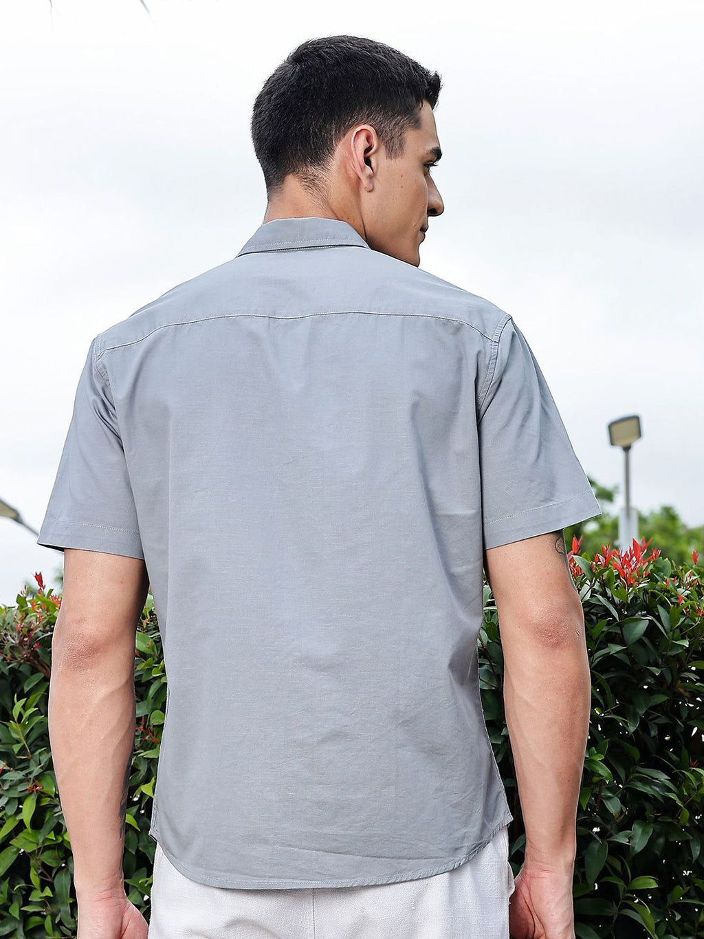 Light Grey Regular Fit Short Sleeves Spread Collar Embroidered Shirt For Men