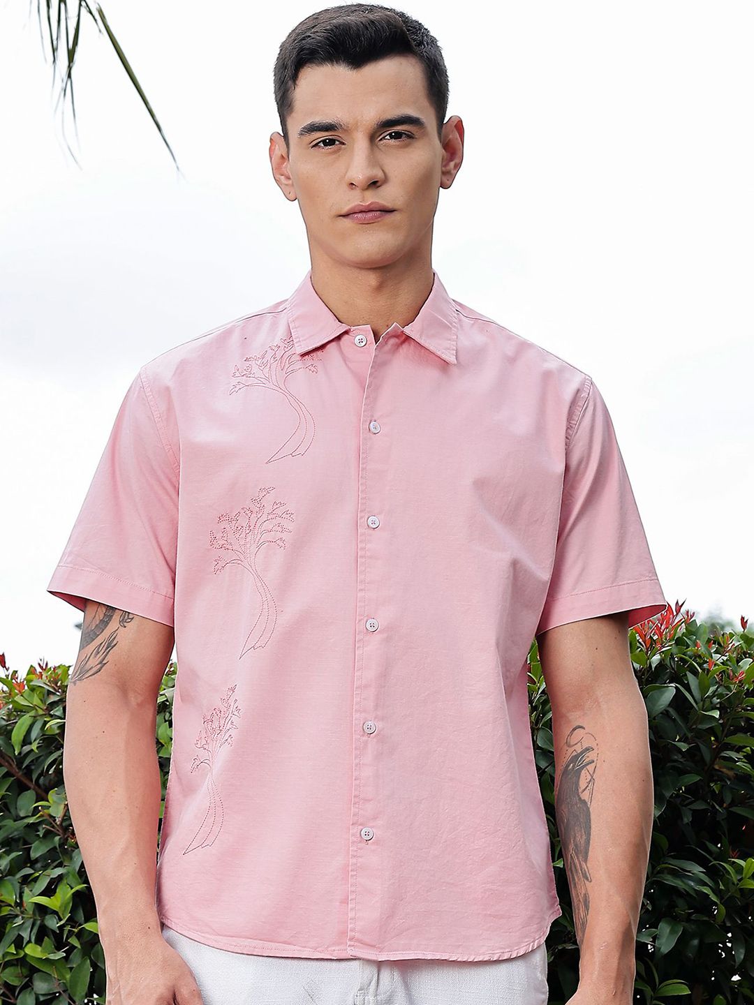 Pink Regular Fit Short Sleeves Spread Collar Embroidered Shirt For Men