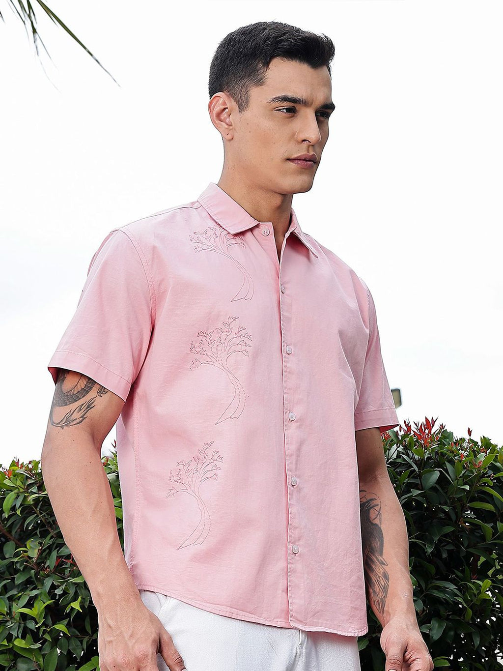 Pink Regular Fit Short Sleeves Spread Collar Embroidered Shirt For Men