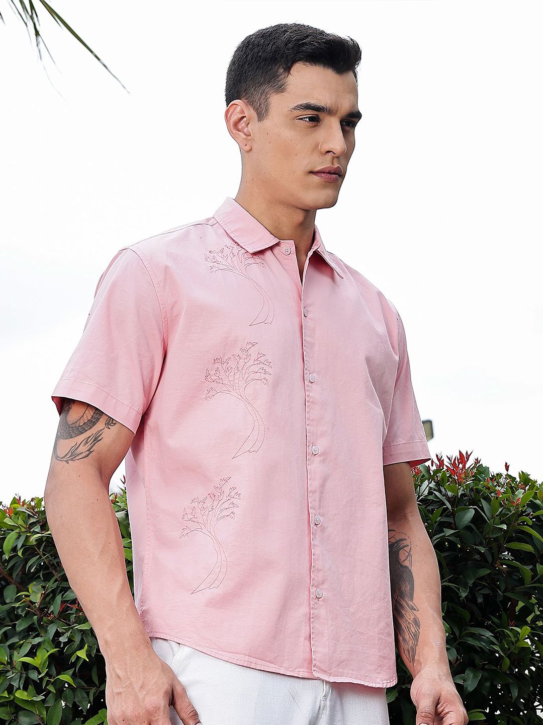 Pink Regular Fit Short Sleeves Spread Collar Embroidered Shirt For Men