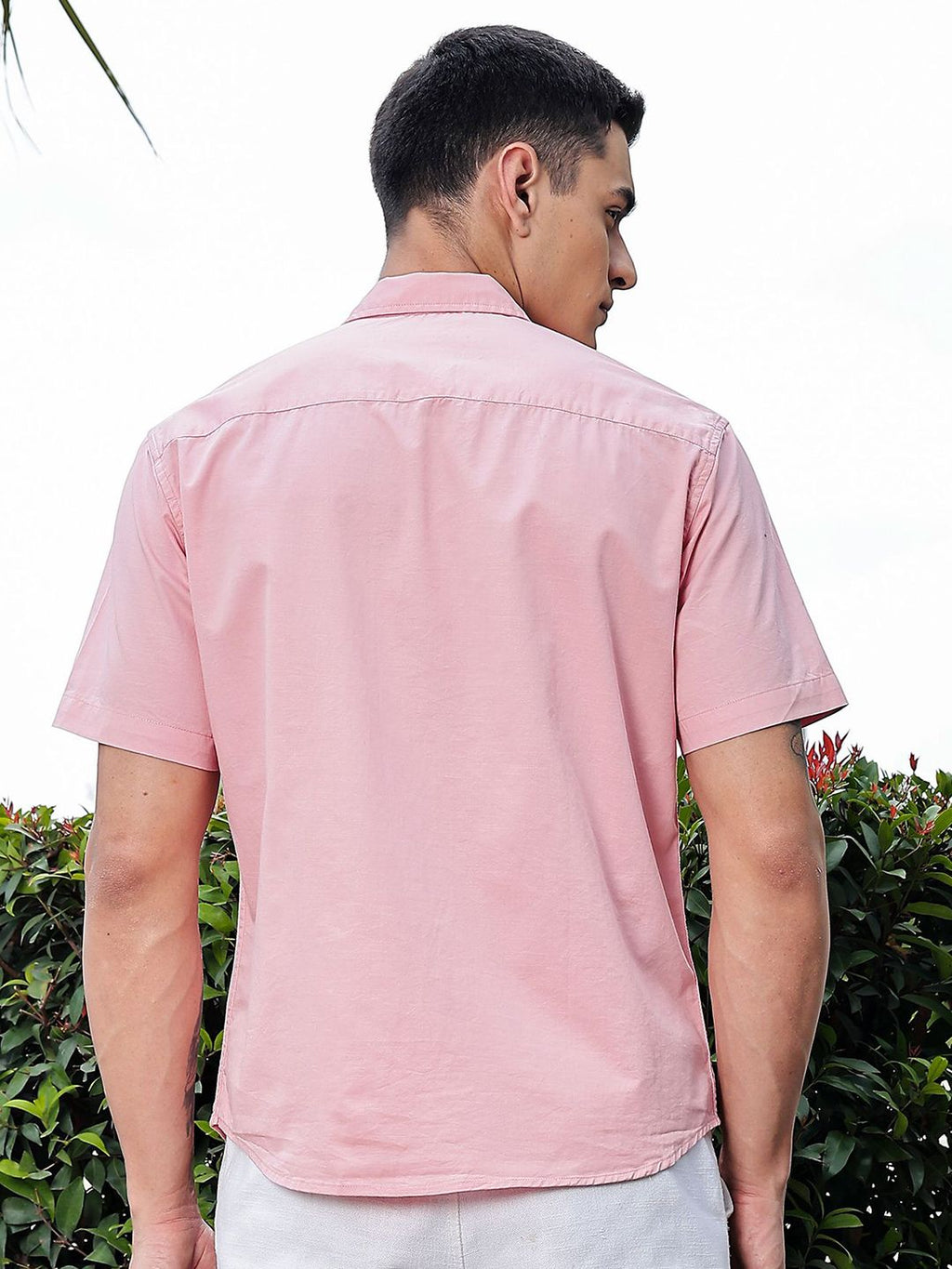 Pink Regular Fit Short Sleeves Spread Collar Embroidered Shirt For Men