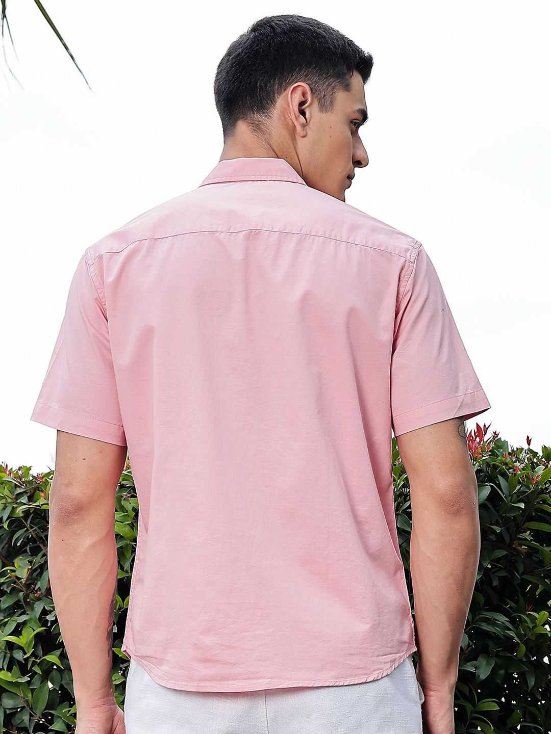 Pink Regular Fit Short Sleeves Spread Collar Embroidered Shirt For Men