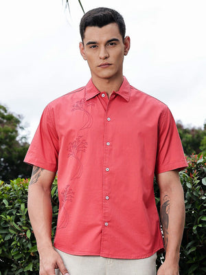 Red Regular Fit Short Sleeves Spread Collar Embroidered Shirt For Men