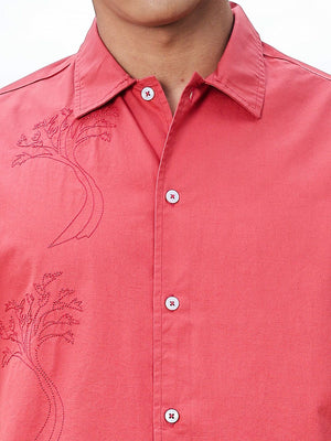 Red Regular Fit Short Sleeves Spread Collar Embroidered Shirt For Men