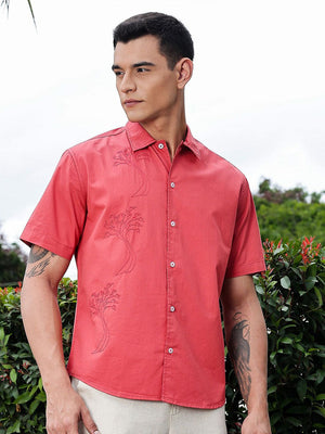 Red Regular Fit Short Sleeves Spread Collar Embroidered Shirt For Men