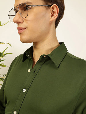 Bottle Green Slim Fit Long Sleeves Spread Collar Knit Casual Shirt