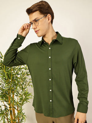 Bottle Green Slim Fit Long Sleeves Spread Collar Knit Casual Shirt