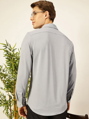Thomas Scott Men Grey Premium Long Sleeves Slim Fit Spread Collar Solid Knitted Casual Shirt