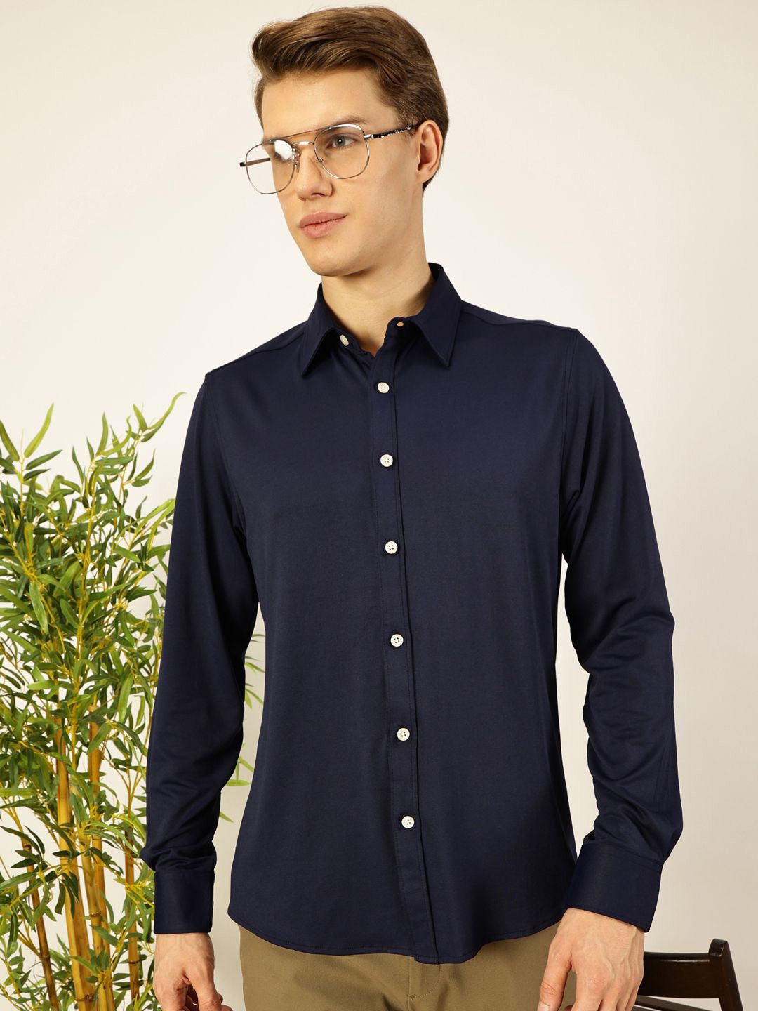 Men Navy Slim Fit Long Sleeves Spread Collar Knit Casual Shirt