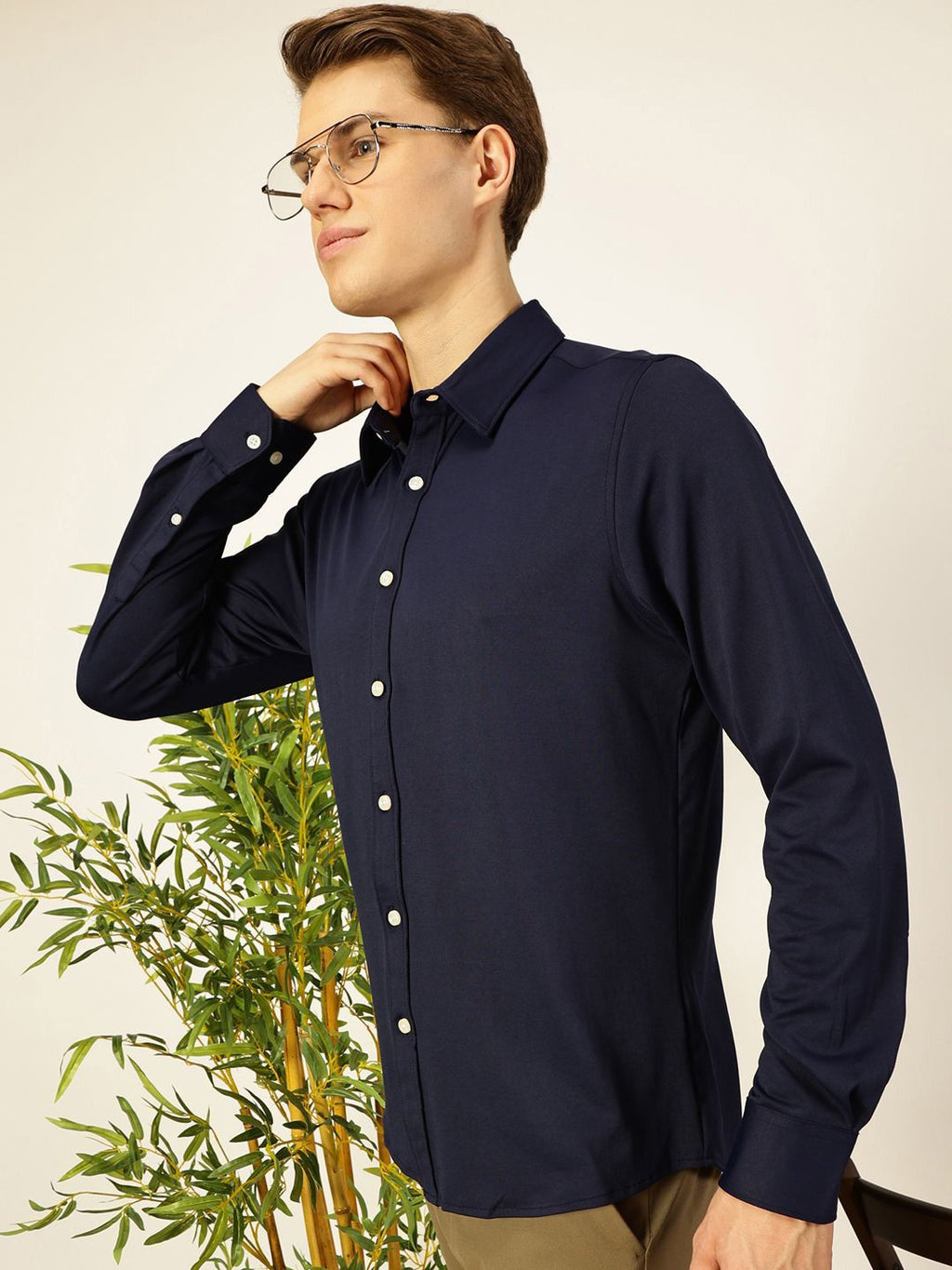 Men Navy Slim Fit Long Sleeves Spread Collar Knit Casual Shirt