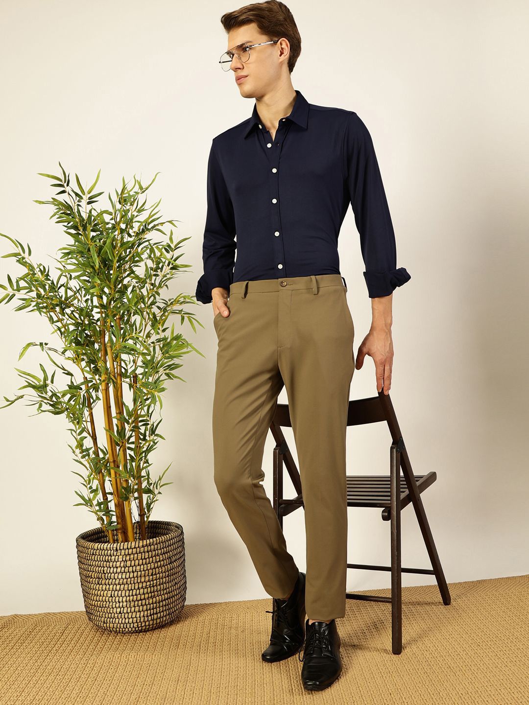 Men Navy Slim Fit Long Sleeves Spread Collar Knit Casual Shirt