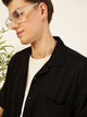 Black Premium Short Sleeves Regular Fit Cuban Collar Textured Cotton Twill Shirt For Men