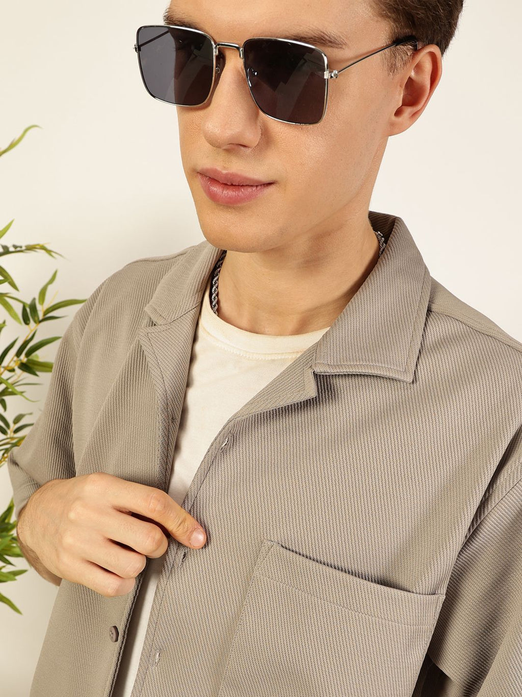 Light Grey Oversized Textured Twill Casual Shirt For Men