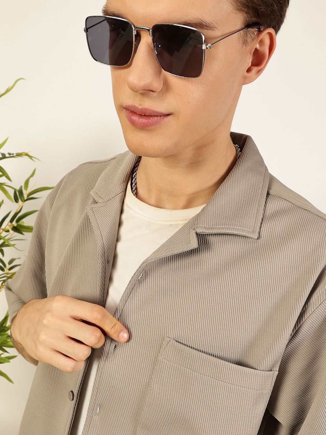 Light Grey Oversized Textured Twill Casual Shirt For Men