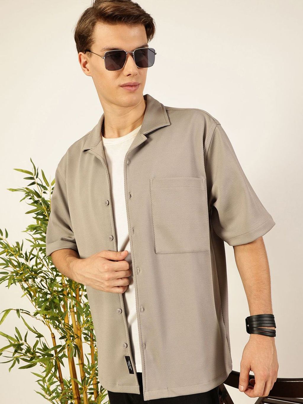 Light Grey Oversized Textured Twill Casual Shirt For Men