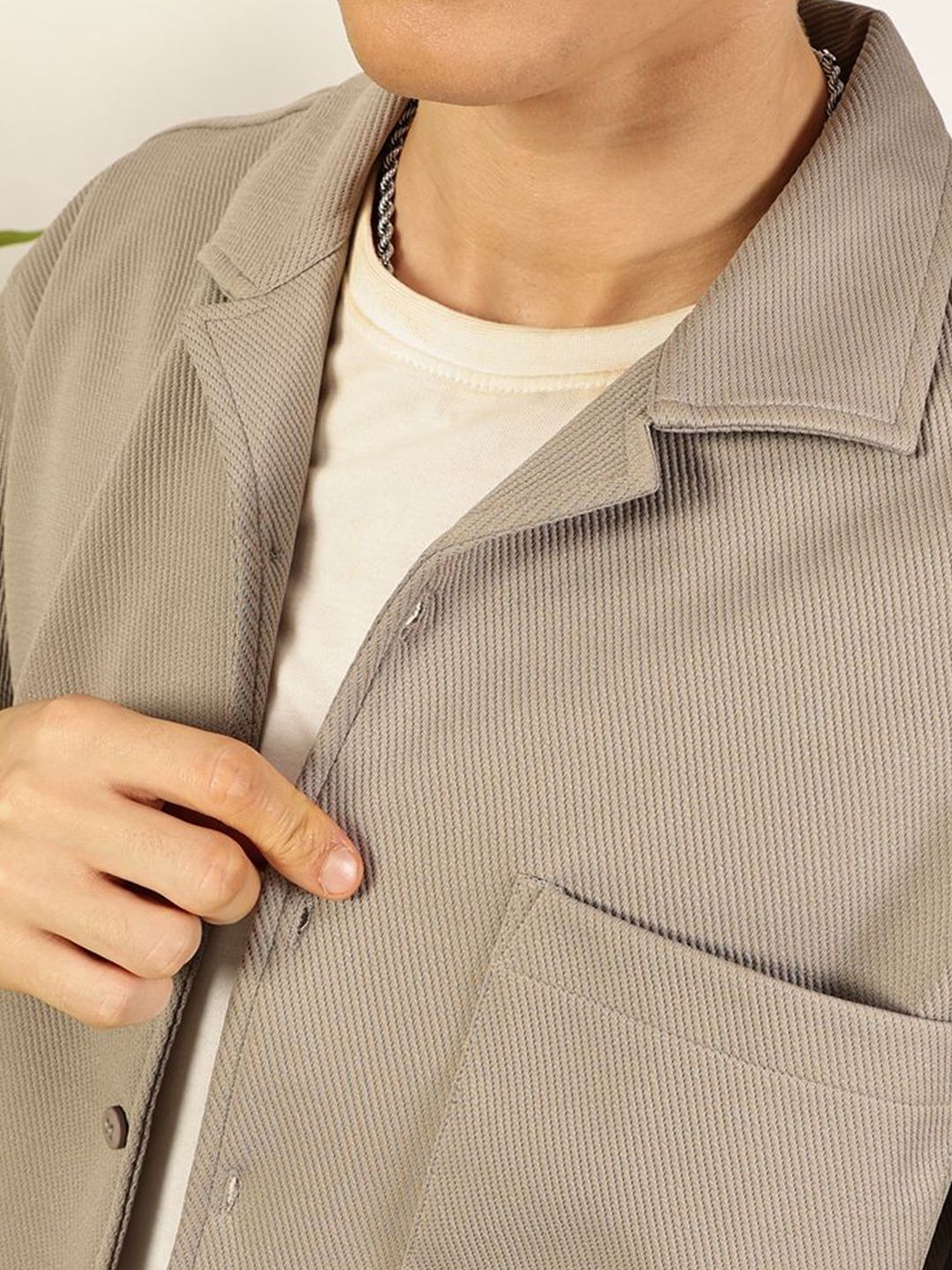 Light Grey Oversized Textured Twill Casual Shirt For Men