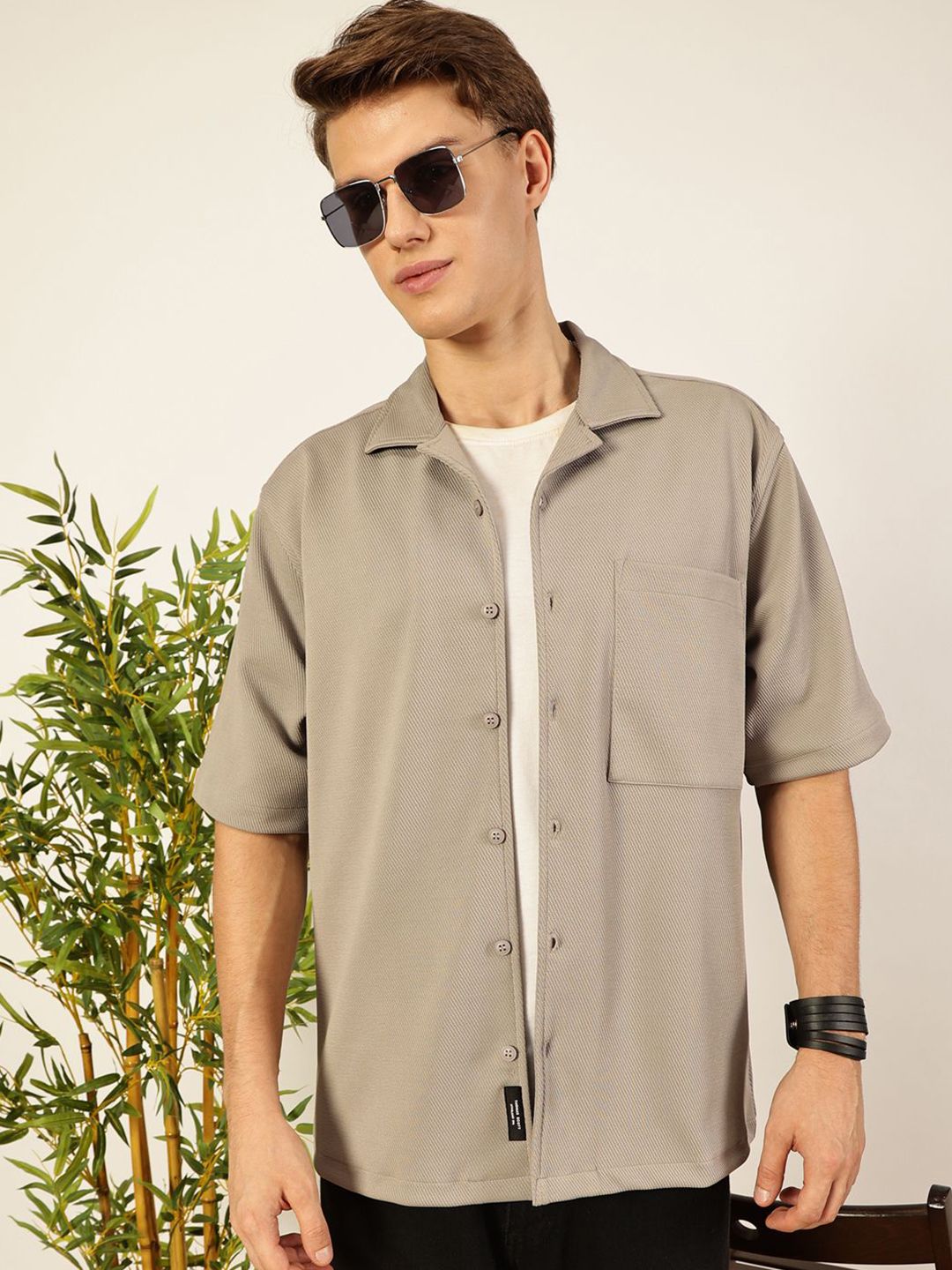 Light Grey Oversized Textured Twill Casual Shirt For Men