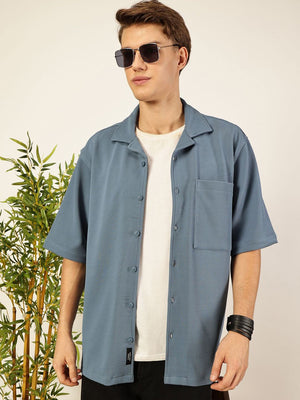 Mid Blue Premium Short Sleeves Regular Fit Cuban Collar Textured Cotton Twill Shirt For Men