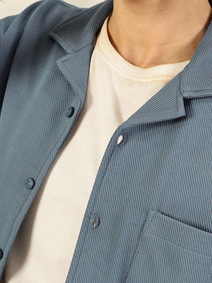 Mid Blue Premium Short Sleeves Regular Fit Cuban Collar Textured Cotton Twill Shirt For Men
