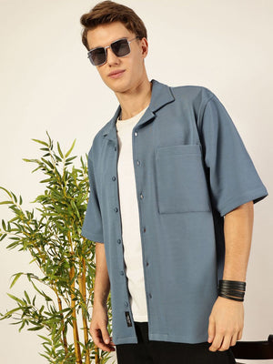 Mid Blue Premium Short Sleeves Regular Fit Cuban Collar Textured Cotton Twill Shirt For Men