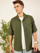 Olive Premium Short Sleeves Regular Fit Cuban Collar Textured Cotton Twill Shirt For Men