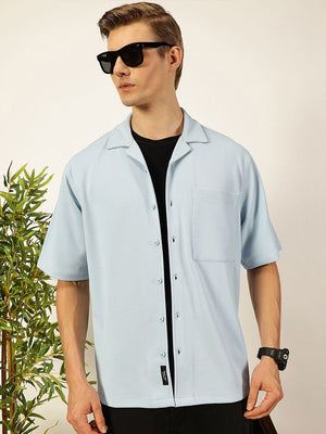 Sky Blue Premium Short Sleeves Regular Fit Cuban Collar Textured Cotton Twill Shirt For Men