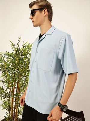 Sky Blue Premium Short Sleeves Regular Fit Cuban Collar Textured Cotton Twill Shirt For Men