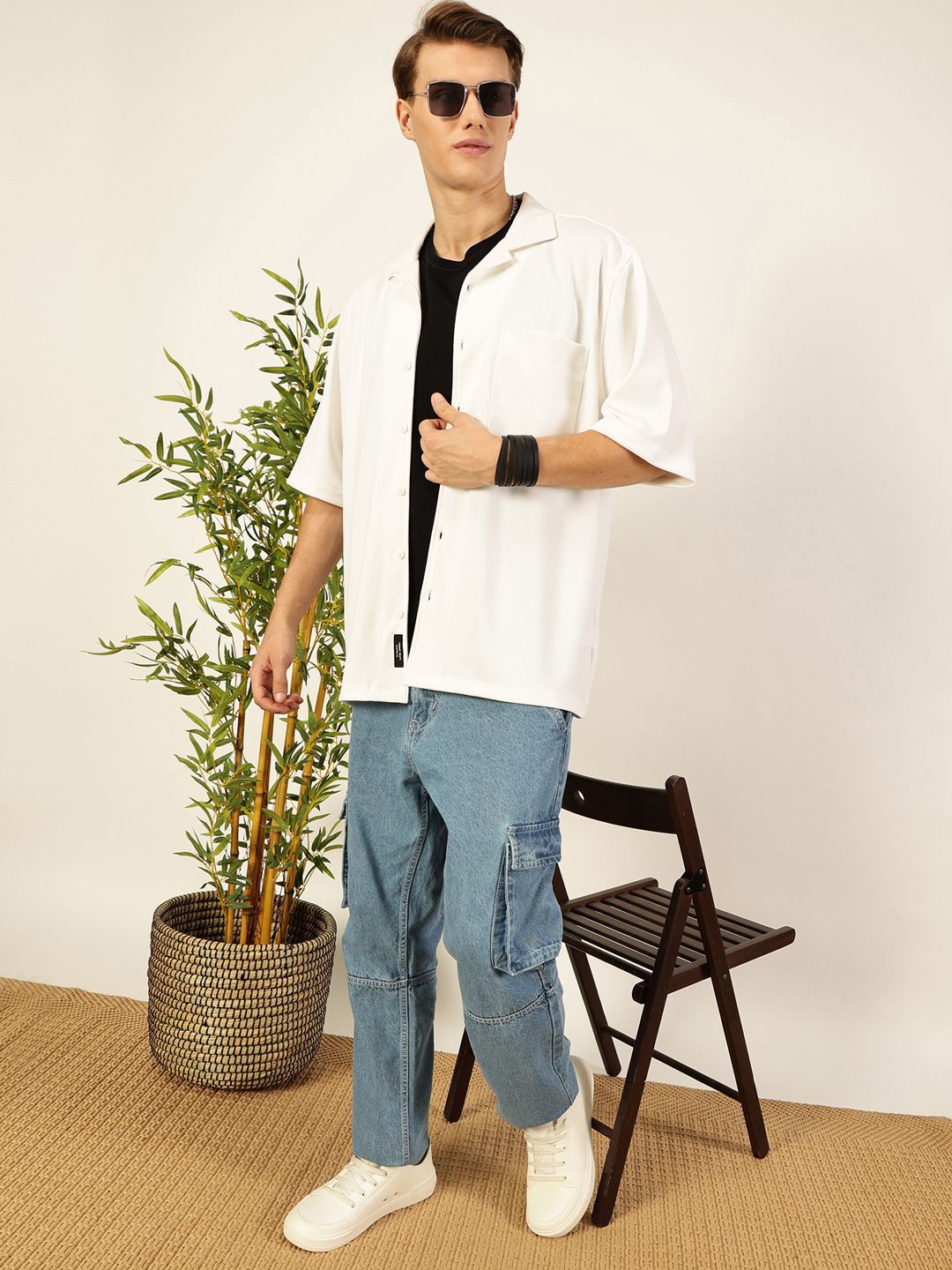 White Oversized Textured Twill Casual Shirt For Men
