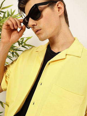 Yellow Premium Short Sleeves Regular Fit Cuban Collar Textured Cotton Twill Shirt For Men